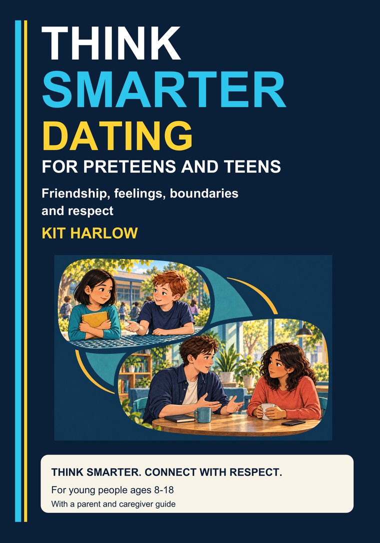 Cover of Think Smarter: Dating for Preteens and Teens by Kit Harlow, showing two illustrated scenes of young people talking: two children at a school table and two teenagers at a café.