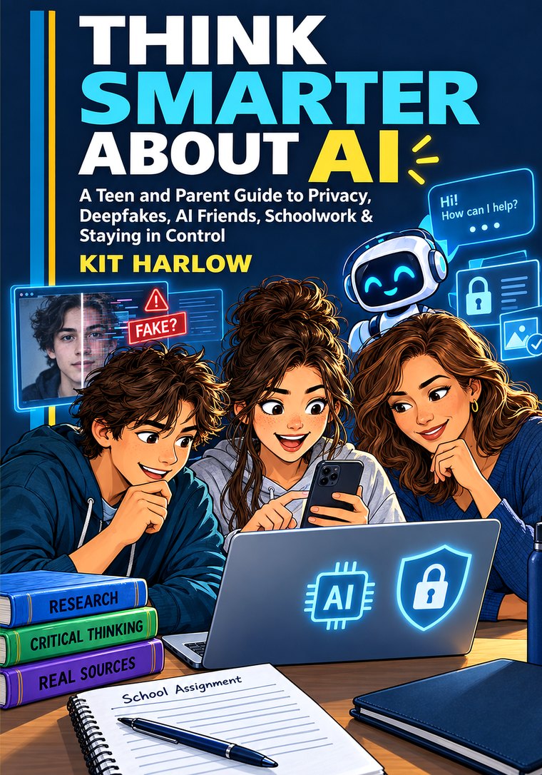 Cover of Think Smarter About AI by Kit Harlow: three teenagers at a laptop surrounded by an AI assistant, a privacy padlock, and a flagged image marked Fake?